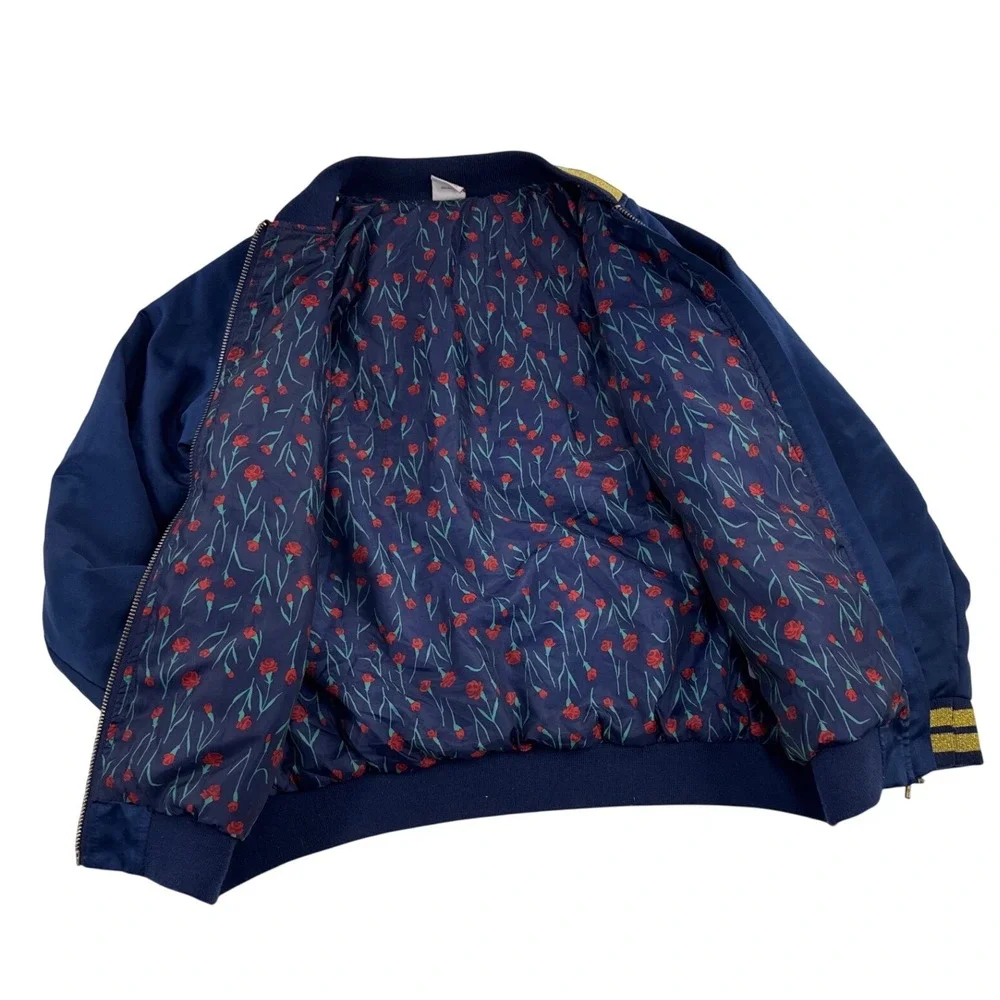 Y2K‎ Disney Princess Belle Bomber Jacket Blue Satin Rose Embroidered Girls